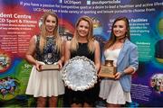 1 May 2014; Members of the UCD Sailing Club, from left, Jennifer Dilan, Eimear McIver and Bella Moorehead who accepted the Varsity Club of the Year during the UCD Sports Awards 2013/2014. Astra Hall, UCD, Belfield, Dublin. Picture credit: Stephen McCarthy / SPORTSFILE