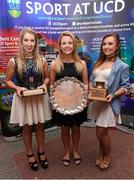 1 May 2014; Members of the UCD Sailing Club, from left, Jennifer Dilan, Eimear McIver and Bella Moorehead who accepted the Varsity Club of the Year during the UCD Sports Awards 2013/2014. Astra Hall, UCD, Belfield, Dublin. Picture credit: Stephen McCarthy / SPORTSFILE