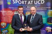 1 May 2014; Vincent Varley of the Sailing Club is presented with the Varsity Club of the Year award by Professor Andrew Deeks, President of UCD, during the UCD Sports Awards 2013/2014. Astra Hall, UCD, Belfield, Dublin. Picture credit: Stephen McCarthy / SPORTSFILE