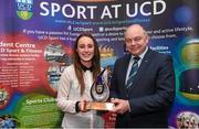 1 May 2014; Rebecca Evans of the Ladies Hockey Club is presented with the Elite Club of the Year award by Professor Andrew Deeks, President of UCD, during the UCD Sports Awards 2013/2014. Astra Hall, UCD, Belfield, Dublin. Picture credit: Stephen McCarthy / SPORTSFILE
