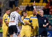 2 May 2014; Referee Rob Rogers sends off Limerick F.C goalkeeper Barry Ryan in injury time. Airtricity League Premier Division, Shamrock Rovers v Limerick FC, Tallaght Stadium, Tallaght, Co. Dublin. Picture credit: Ramsey Cardy / SPORTSFILE