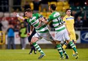 2 May 2014; Shamrock Rovers' Jason McGuinness, left, celebrates scoring a rebound from team-mate Sean O'Connor's, right, penalty. Airtricity League Premier Division, Shamrock Rovers v Limerick FC, Tallaght Stadium, Tallaght, Co. Dublin. Picture credit: Ramsey Cardy / SPORTSFILE