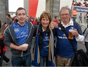 2 May 2014; Leinster supporters Kevin Caffrey, left, Daireen Caffrey and Ger Caffrey at the game. Celtic League 2013/14, Round 21, Ulster v Leinster, Ravenhill Park, Belfast, Co. Antrim. Picture credit: Oliver McVeigh / SPORTSFILE