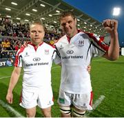 2 May 2014; Ulster captain Johann Muller, right, with Tom Court, after his final home appearance for Ulster. Celtic League 2013/14, Round 21, Ulster v Leinster, Ravenhill Park, Belfast, Co. Antrim. Picture credit: John Dickson / SPORTSFILE