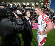 2 May 2014; Ulster captain Johann Muller is interviewed by Gavin Andrews, BBC Sport Northern Ireland, after his final home appearance for Ulster. Celtic League 2013/14, Round 21, Ulster v Leinster, Ravenhill Park, Belfast, Co. Antrim. Picture credit: John Dickson / SPORTSFILE