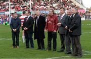 2 May 2014; Pictured are, from left to right, Paddy Wallace, Simon Best, Nigel Carr, Dr David Irwin, Andy Ward, Sid Millar and Trevor Ringland during the opening the redeveloped Ravenhill Park. Celtic League 2013/14, Round 21, Ulster v Leinster, Ravenhill Park, Belfast, Co. Antrim. Picture credit: Oliver McVeigh / SPORTSFILE