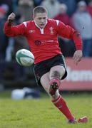 25 February 2006; Rhys Jones, Wales, kicks a penalty. Under 19 International 2005-2006, Ireland U19 v Wales U19, Stradbrook Road, Dublin. Picture credit: Ray McManus / SPORTSFILE
