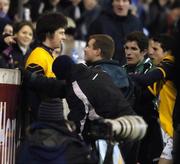 25 February 2006; QUB manager James McCartan squares up to DCU's Brendan Egan. Datapac Sigerson Cup Final, Queens University, Belfast v Dublin City University, Parnell Park, Dublin. Picture credit: Damien Eagers / SPORTSFILE