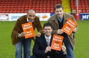27 February 2006; Former Republic of Ireland players Niall Quinn and Curtis Fleming with GPA Chief Executive Dessie Farrell at the launch of a major educational initiative to show Racism the Red Card in Ireland, which is a campaign aimed at getting the anti-racism message across through the medium of education and sport. Tolka Park, Dublin. Picture credit: Damien Eagers / SPORTSFILE
