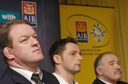 28 February 2006; Mick Galwey, manager of the Ireland team, David Quinlan, Irish Captain, and Gerald McCarter, Assistant Coach at the announcement of the Ireland team to play Scotland in the AIB Club International. AIB Bank Centre, Ballsbridge, Dublin. Picture credit; David Levingstone / SPORTSFILE