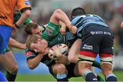 3 May 2014; Eoin Griffin, Connacht, is tackled by Ellis Jenkins, Cardiff Blues. Celtic League 2013/14 Round 21, Connacht v Cardiff Blues, Sportsground, Galway. Picture credit: Ray Ryan / SPORTSFILE
