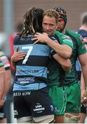 3 May 2014; Dan Parks, Connacht, embraces Josh Navidi, Cardiff Blues after playing his final home game for Connacht. Celtic League 2013/14 Round 21, Connacht v Cardiff Blues, Sportsground, Galway. Picture credit: Ray Ryan / SPORTSFILE