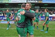 3 May 2014; Gavin Duffy, Connacht, is embraced by captain John Muldoon after playing his last home match for Connacht. Celtic League 2013/14 Round 21, Connacht v Cardiff Blues, Sportsground, Galway. Picture credit: Ray Ryan / SPORTSFILE
