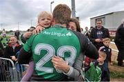 3 May 2014; Connacht's Gavin Duffy embraces his daughter Jessica, aged 2, and his wife Sarah after playing his last home match for the province. Celtic League 2013/14 Round 21, Connacht v Cardiff Blues, Sportsground, Galway. Picture credit: Ray Ryan / SPORTSFILE