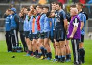 3 May 2014; The Dublin team stand during the playing of the National Anthem. Cadbury GAA Football All-Ireland U21 Championship Final, Dublin v Roscommon, O'Connor Park, Tullamore, Co. Offaly. Picture credit: Ray McManus / SPORTSFILE