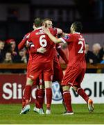 3 May 2014; Danny North, celebrates with team-mates Jeff Henderson and Seamus Conneely, after scoring their side's second goal. Airtricity League Premier Division, Sligo Rovers v St Patrick's Athletic, The Showgrounds, Sligo. Picture credit: Oliver McVeigh / SPORTSFILE