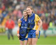 3 May 2014; Roscommon players Siobhán Tully, left, and Martina Freyne, celebrate after the game. TESCO Ladies National Football League Division 4 Final, Antrim v Roscommon, O'Connor Park, Tullamore, Co. Offaly. Picture credit: Dáire Brennan / SPORTSFILE