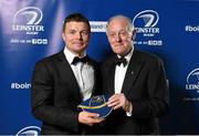 3 May 2014; Brian O’Driscoll is presented with a cap as a farewell present on behalf of  Leinster Rugby from Leinster President Paul Deering at the Leinster Rugby Awards Ball. The annual Leinster Rugby Awards Ball Awards Ball took place in the Mansion House, Saturday evening where Jack McGrath was awarded the Bank of Ireland Leinster Rugby Players' Player of the Year and Marty Moore was awarded the Best Menswear Young Player of the Year award. Risteard Cooper was the Master of Ceremonies on a great night which also acknowledged the outstanding contributions of Leo Cullen and Brian O’Driscoll as they retire at the end of the season. For a full list of award winners and more information log on to www.leinsterrugby.ie. Picture credit: Stephen McCarthy / SPORTSFILE
