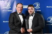 3 May 2014; Marty Moore is presented with the Best Menswear Young Player of the Year award by John Smith, MD, Best Menswear, at the Leinster Rugby Awards Ball. The annual Leinster Rugby Awards Ball Awards Ball took place in the Mansion House, Saturday evening where Jack McGrath was awarded the Bank of Ireland Leinster Rugby Players' Player of the Year and Marty Moore was awarded the Best Menswear Young Player of the Year award. Risteard Cooper was the Master of Ceremonies on a great night which also acknowledged the outstanding contributions of Leo Cullen and Brian O’Driscoll as they retire at the end of the season. For a full list of award winners and more information log on to www.leinsterrugby.ie. Picture credit: Stephen McCarthy / SPORTSFILE