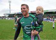 3 May 2014; Gavin Duffy, Connacht, with his daughter Jessica, age 2, after he palyed his last home match for Connacht. Celtic League 2013/14 Round 21, Connacht v Cardiff Blues, Sportsground, Galway. Picture credit: Ray Ryan / SPORTSFILE