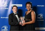 3 May 2014; Sophie Spence, Old Belvedere RFC, accepts the Donnelly Women's Player of the Year award from Ciaran Donnelly, MD, Donnelly Fruit & Veg, at the Leinster Rugby Awards Ball. The annual Leinster Rugby Awards Ball Awards Ball took place in the Mansion House, Saturday evening where Jack McGrath was awarded the Bank of Ireland Leinster Rugby Players' Player of the Year and Marty Moore was awarded the Best Menswear Young Player of the Year award. Risteard Cooper was the Master of Ceremonies on a great night which also acknowledged the outstanding contributions of Leo Cullen and Brian O’Driscoll as they retire at the end of the season. For a full list of award winners and more information log on to www.leinsterrugby.ie. Picture credit: Stephen McCarthy / SPORTSFILE