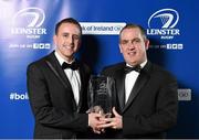3 May 2014; Jarrod Bromley, OLSC (Official Leinster Supporters Club), is presented with the Evening Herald Outstanding Contribution award by Alan Steenson, Editor, Evening Herald, at the Leinster Rugby Awards Ball. The annual Leinster Rugby Awards Ball Awards Ball took place in the Mansion House, Saturday evening where Jack McGrath was awarded the Bank of Ireland Leinster Rugby Players' Player of the Year and Marty Moore was awarded the Best Menswear Young Player of the Year award. Risteard Cooper was the Master of Ceremonies on a great night which also acknowledged the outstanding contributions of Leo Cullen and Brian O’Driscoll as they retire at the end of the season. For a full list of award winners and more information log on to www.leinsterrugby.ie. Picture credit: Stephen McCarthy / SPORTSFILE