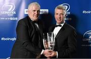 3 May 2014; Clondalkin RFC President Tom Duffey is presented with the BDO Junior Club of the Year award by Ciaran Medler, Partner, BDO, at the Leinster Rugby Awards Ball. The annual Leinster Rugby Awards Ball Awards Ball took place in the Mansion House, Saturday evening where Jack McGrath was awarded the Bank of Ireland Leinster Rugby Players' Player of the Year and Marty Moore was awarded the Best Menswear Young Player of the Year award. Risteard Cooper was the Master of Ceremonies on a great night which also acknowledged the outstanding contributions of Leo Cullen and Brian O’Driscoll as they retire at the end of the season. For a full list of award winners and more information log on to www.leinsterrugby.ie. Picture credit: Stephen McCarthy / SPORTSFILE