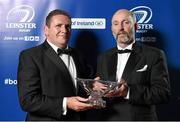 3 May 2014; Newbridge College President Matt O’Shea accepts the Cleaning Contractors' School of the Year award from Ciaran O’Brien, MD Cleaning Contractors, at the Leinster Rugby Awards Ball. The annual Leinster Rugby Awards Ball Awards Ball took place in the Mansion House, Saturday evening where Jack McGrath was awarded the Bank of Ireland Leinster Rugby Players' Player of the Year and Marty Moore was awarded the Best Menswear Young Player of the Year award. Risteard Cooper was the Master of Ceremonies on a great night which also acknowledged the outstanding contributions of Leo Cullen and Brian O’Driscoll as they retire at the end of the season. For a full list of award winners and more information log on to www.leinsterrugby.ie. Picture credit: Stephen McCarthy / SPORTSFILE