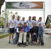 4 May 2014; 4 May 2014; In attendance at the Wings For Life World Run are, back row, left to right, Joe Canning, J. J. Hanrahan, Séamus Moynihan, Bernard Brogan, Alison Canavan and Con Doherty. Front row, left to right, Mark, Milly and Terry O'Brien with Roy Guerin with his son Nathan. Participants in Killarney joined thousands more in 31 other countries at exactly the same time in the unique running race, all in aid of spinal cord injury research. Killarney, Co. Kerry. Picture credit: Ramsey Cardy / SPORTSFILE
