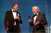 3 May 2014; Kevin Flynn, who was inducted into the Guinness Hall of Fame, is interviewed by Master of Ceremonies Risteard Cooper at the Leinster Rugby Awards Ball. The annual Leinster Rugby Awards Ball Awards Ball took place in the Mansion House, Saturday evening where Jack McGrath was awarded the Bank of Ireland Leinster Rugby Players' Player of the Year and Marty Moore was awarded the Best Menswear Young Player of the Year award. Risteard Cooper was the Master of Ceremonies on a great night which also acknowledged the outstanding contributions of Leo Cullen and Brian O’Driscoll as they retire at the end of the season. For a full list of award winners and more information log on to www.leinsterrugby.ie. Picture credit: Stephen McCarthy / SPORTSFILE