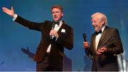 3 May 2014; Kevin Flynn, who was inducted into the Guinness Hall of Fame, is interviewed by Master of Ceremonies Risteard Cooper at the Leinster Rugby Awards Ball. The annual Leinster Rugby Awards Ball Awards Ball took place in the Mansion House, Saturday evening where Jack McGrath was awarded the Bank of Ireland Leinster Rugby Players' Player of the Year and Marty Moore was awarded the Best Menswear Young Player of the Year award. Risteard Cooper was the Master of Ceremonies on a great night which also acknowledged the outstanding contributions of Leo Cullen and Brian O’Driscoll as they retire at the end of the season. For a full list of award winners and more information log on to www.leinsterrugby.ie. Picture credit: Stephen McCarthy / SPORTSFILE