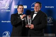 3 May 2014; NUIM Barnhall President Michael Mousley is presented with the Canterbury Senior Club of the Year award by Billy Hilliard, Sales Executive, Canterbury, at the Leinster Rugby Awards Ball. The annual Leinster Rugby Awards Ball Awards Ball took place in the Mansion House, Saturday evening where Jack McGrath was awarded the Bank of Ireland Leinster Rugby Players' Player of the Year and Marty Moore was awarded the Best Menswear Young Player of the Year award. Risteard Cooper was the Master of Ceremonies on a great night which also acknowledged the outstanding contributions of Leo Cullen and Brian O’Driscoll as they retire at the end of the season. For a full list of award winners and more information log on to www.leinsterrugby.ie. Picture credit: Stephen McCarthy / SPORTSFILE