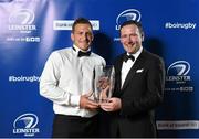 3 May 2014; Jimmy Gopperth is presented with the Conrad Tackle of the Year award by Martin Mangan, General Manager, Conrad Hotel, at the Leinster Rugby Awards Ball. The annual Leinster Rugby Awards Ball Awards Ball took place in the Mansion House, Saturday evening where Jack McGrath was awarded the Bank of Ireland Leinster Rugby Players' Player of the Year and Marty Moore was awarded the Best Menswear Young Player of the Year award. Risteard Cooper was the Master of Ceremonies on a great night which also acknowledged the outstanding contributions of Leo Cullen and Brian O’Driscoll as they retire at the end of the season. For a full list of award winners and more information log on to www.leinsterrugby.ie. Picture credit: Stephen McCarthy / SPORTSFILE