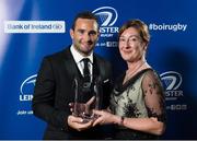 3 May 2014; Dave Kearney is presented with the Irish Independent Try of the Year award by Claire Grady, Editor, Irish Independent, at the Leinster Rugby Awards Ball. The annual Leinster Rugby Awards Ball Awards Ball took place in the Mansion House, Saturday evening where Jack McGrath was awarded the Bank of Ireland Leinster Rugby Players' Player of the Year and Marty Moore was awarded the Best Menswear Young Player of the Year award. Risteard Cooper was the Master of Ceremonies on a great night which also acknowledged the outstanding contributions of Leo Cullen and Brian O’Driscoll as they retire at the end of the season. For a full list of award winners and more information log on to www.leinsterrugby.ie. Picture credit: Stephen McCarthy / SPORTSFILE