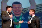 3 May 2014; Brian O'Driscoll is interviewed by Shane Horgan during the Leinster Rugby Awards Ball. The annual Leinster Rugby Awards Ball took place in the Mansion House, Saturday evening where Jack McGrath was awarded the Bank of Ireland Leinster Rugby Players' Player of the Year and Marty Moore was awarded the Best Menswear Young Player of the Year award. Risteard Cooper was the Master of Ceremonies on a great night which also acknowledged the outstanding contributions of Leo Cullen and Brian O’Driscoll as they retire at the end of the season. For a full list of award winners and more information log on to www.leinsterrugby.ie. Picture credit: Stephen McCarthy / SPORTSFILE