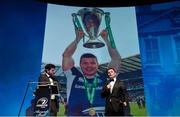 3 May 2014; Brian O'Driscoll is interviewed by Shane Horgan during the Leinster Rugby Awards Ball. The annual Leinster Rugby Awards Ball Awards Ball took place in the Mansion House, Saturday evening where Jack McGrath was awarded the Bank of Ireland Leinster Rugby Players' Player of the Year and Marty Moore was awarded the Best Menswear Young Player of the Year award. Risteard Cooper was the Master of Ceremonies on a great night which also acknowledged the outstanding contributions of Leo Cullen and Brian O’Driscoll as they retire at the end of the season. For a full list of award winners and more information log on to www.leinsterrugby.ie. Picture credit: Stephen McCarthy / SPORTSFILE