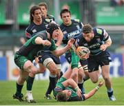 3 May 2014; Alex Cuthbert, Cardiff Blues, is tackled by Conor Gleeson, left, and Dan Parks, Connacht. Celtic League 2013/14 Round 21, Connacht v Cardiff Blues, Sportsground, Galway. Picture credit: Ray Ryan / SPORTSFILE