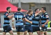 3 May 2014; Lewis Jones, Cardiff Blues, center, is congratulated after scoring a try. Celtic League 2013/14 Round 21, Connacht v Cardiff Blues, Sportsground, Galway. Picture credit: Ray Ryan / SPORTSFILE