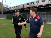 4 May 2014; New York manager Ian Galvin, right, and Mayo manager James Horan shake hands after the game. Connacht GAA Football Senior Championship Preliminary Round, New York v Mayo, Gaelic Park, Bronx, New York, USA. Picture credit: Pat Murphy / SPORTSFILE