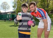 4 May 2014; Oisin Madders, from New York, takes a 'selfie' with Mayo's Aidan O'Shea after the game. Connacht GAA Football Senior Championship Preliminary Round, New York v Mayo, Gaelic Park, Bronx, New York, USA. Picture credit: Pat Murphy / SPORTSFILE