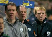 1 March 2006; Republic of Ireland manager Steve Staunton lines up alongside assistant manager Kevin McDonald, centre, and goalkeeping coach Alan Kelly, left, for the national anthems before the game. International Friendly, Republic of Ireland v Sweden, Lansdowne Road, Dublin. Picture credit: Brendan Moran / SPORTSFILE