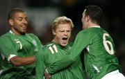 1 March 2006; Damien Duff, Republic of Ireland, celebrates after scoring his sides first goal with team-mates Steven Reid and John O'Shea. International Friendly, Republic of Ireland v Sweden, Lansdowne Road, Dublin. Picture credit: David Maher / SPORTSFILE