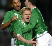 1 March 2006; Damien Duff, Republic of Ireland, celebrates after scoring his sides first goal with team-mates Steven Reid, left and Ian Harte. International Friendly, Republic of Ireland v Sweden, Lansdowne Road, Dublin. Picture credit: David Maher / SPORTSFILE