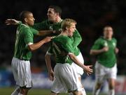 1 March 2006; Damien Duff, Republic of Ireland, celebrates with team-mates Steven Reid, left, and John O'Shea after scoring his sides first goal. International Friendly, Republic of Ireland v Sweden, Lansdowne Road, Dublin. Picture credit: Brian Lawless / SPORTSFILE