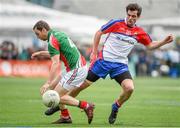 4 May 2014; Keith Higgins, Mayo, in action against Niall Farrell, New York. Connacht GAA Football Senior Championship Preliminary Round, New York v Mayo, Gaelic Park, Bronx, New York, USA. Picture credit: Pat Murphy / SPORTSFILE