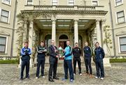 6 May 2014; Senior hurlers, from left, Matthew Whelan, Laois, Joe Bergin, Offaly, John Coffey from Liberty Insurance, Matthew O'Hanlon, Wexford, Lester Ryan, Kilkenny, Joe Canning, Galway, and Johnny McCaffrey, Dublin, in attendance at the launch of the Leinster Senior Championships 2014. Farmleigh House, Dublin. Picture credit: Barry Cregg / SPORTSFILE