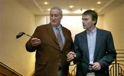 28 February 2006; Ossie Kilkenny, left, Chairperson of the Irish Sports Council, in conversation with golfer Justin Kehoe at the announcement of the 2006 Team Ireland Golf Trust Recipients. Alexander Hotel, Dublin. Picture credit: Brendan Moran / SPORTSFILE