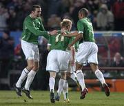 1 March 2006; Damien Duff, Republic of Ireland, is congratulated by team-mates John O'Shea, left, and Steven Reid, on scoring his side's first goal. International Friendly, Republic of Ireland v Sweden, Lansdowne Road, Dublin. Picture credit: Pat Murphy / SPORTSFILE