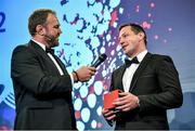 7 May 2014; Munster's James Coughlan, winner of the O2 Unsung Hero award, is interviewed by MC Scott Quinnell. Hibernia College IRUPA Rugby Player Awards 2014, Burlington Hotel, Dublin. Picture credit: Brendan Moran / SPORTSFILE