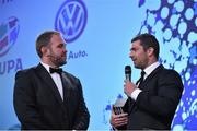 7 May 2014; Leinster and Ireland's Rob Kearney, who was presented with the VW Try of the Year 2014, is interviewed by MC Scott Quinnell. Hibernia College IRUPA Rugby Player Awards 2014, Burlington Hotel, Dublin. Picture credit: Brendan Moran / SPORTSFILE